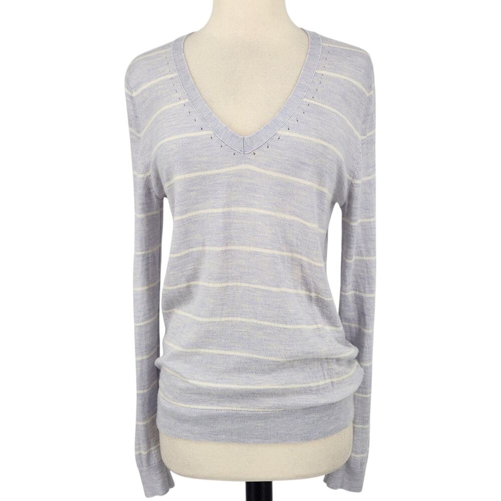 Banana Republic Merino Wool V‑Neck Sweater – Pastel Stripe Knit – Size Medium